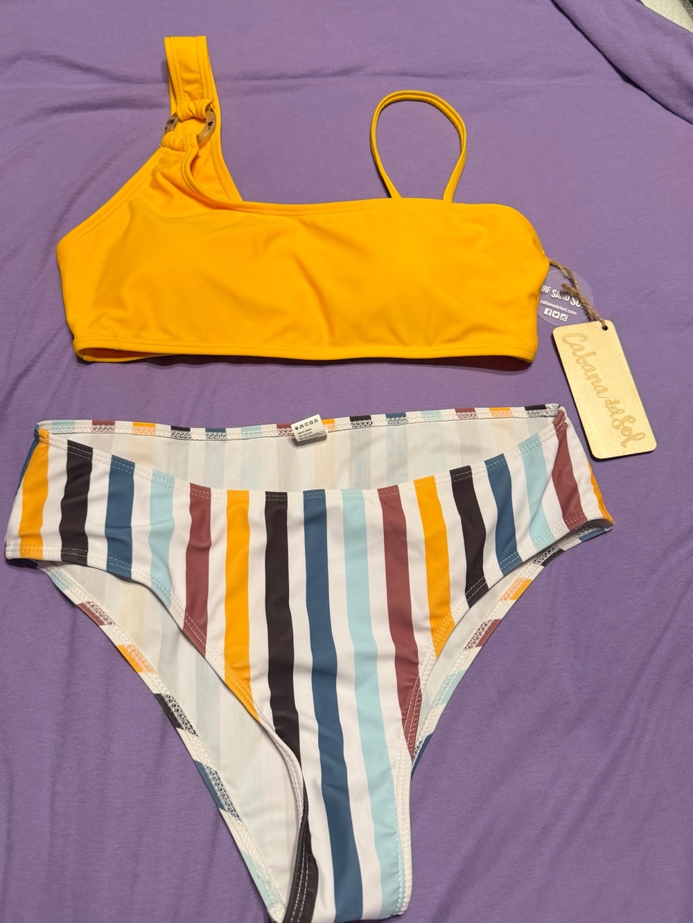 Cabana Life Yellow & Multicolor Stripe Women's Bikini Set M/L